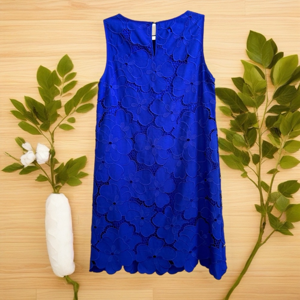 Antonio Melani Ghiaia Dress Blue Floral Lined Embroidered Overlay Midi Sheath 8 - Picture 3 of 11